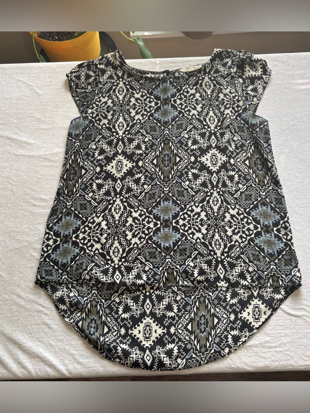 Pink Rose Geometric Print Cap Sleeve Blouse Black White Blue Green L